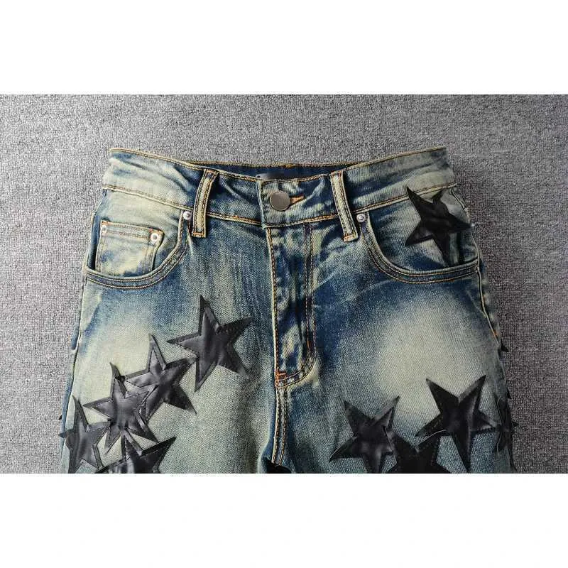 US Drip High Streetwear Distressed Blue Stars Patchwork Skinny Stretch Hole Ripped Jeans_voghion.com