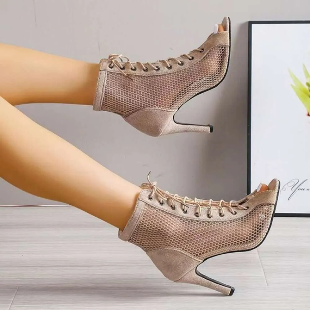 Women Fashion New Show Net Fabric Cross Strap Sexy High Heel Woman Shoes Pumps Lace Up Peep Toe Sandals Casual Mesh_desvips.com