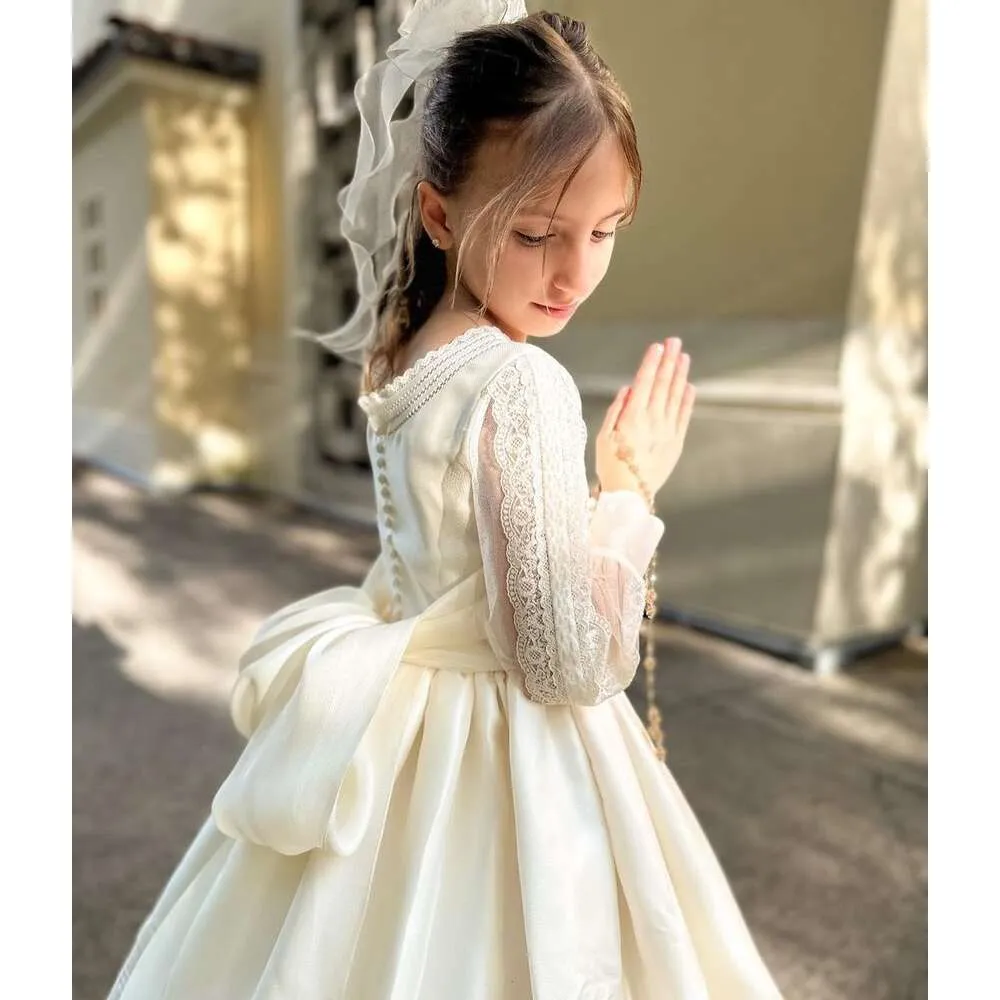 Vintage Satin Long sleeve communion dress with Long Sleeves, Lace Bow, and Covered Buttons for Closure