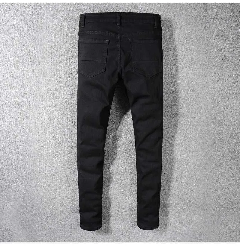 Herren Jeans Slim Fit Ripped Mit Strass Patchwork Schwarz_voghion.com