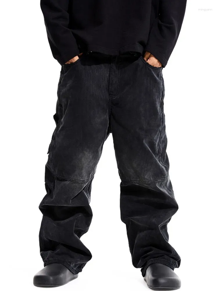 Vintage Black Cargo Jeans Mens High Street Wide Leg Casual Pants 