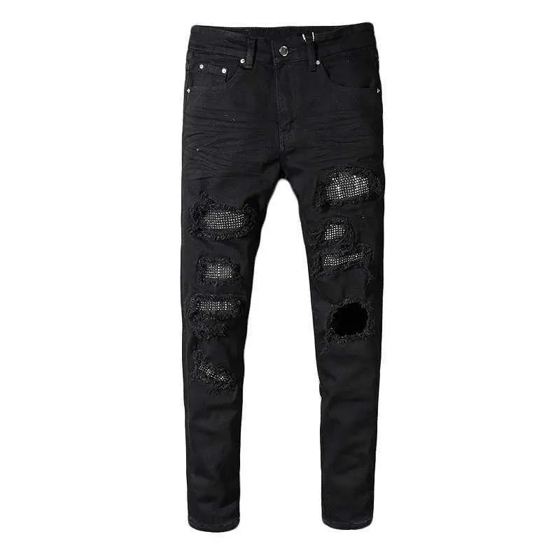 Sokotoo Herren Slim Skinny Jeans mit Kristall-Strass-Patchwork und zerrissenen Jeans Mode-Patch schwarz Stretch-Jeans_voghion.com