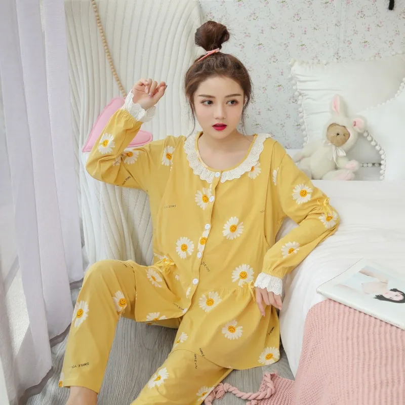 Soft Cotton Maternity Pajamas Set Long Sleeve Nursing PJs Sleepwear Breastfeeding Nightwear