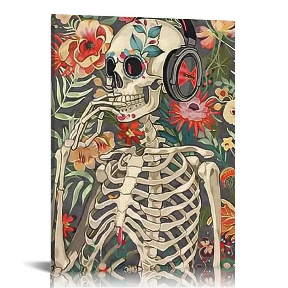 Skull Music wall art canvas print, Flower Wall Music Art, Gothic