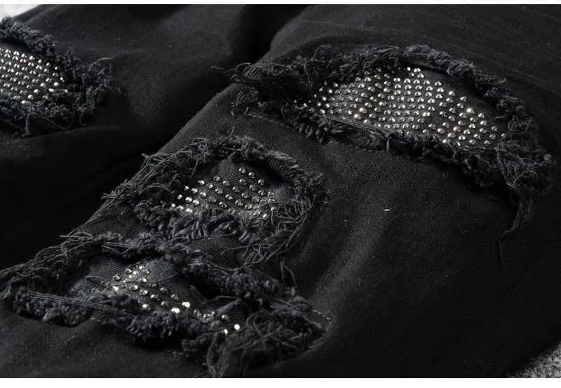 Herren Jeans Slim Fit Ripped Mit Strass Patchwork Schwarz_voghion.com