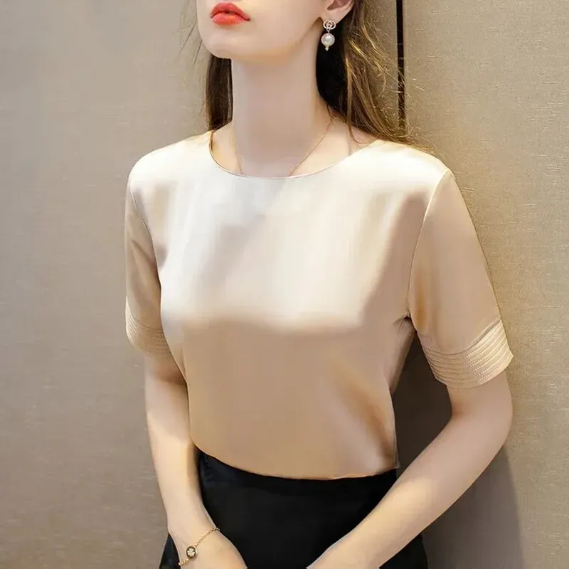 Acetate Satin Tees For Women High Quality Ladies Casual Elegant