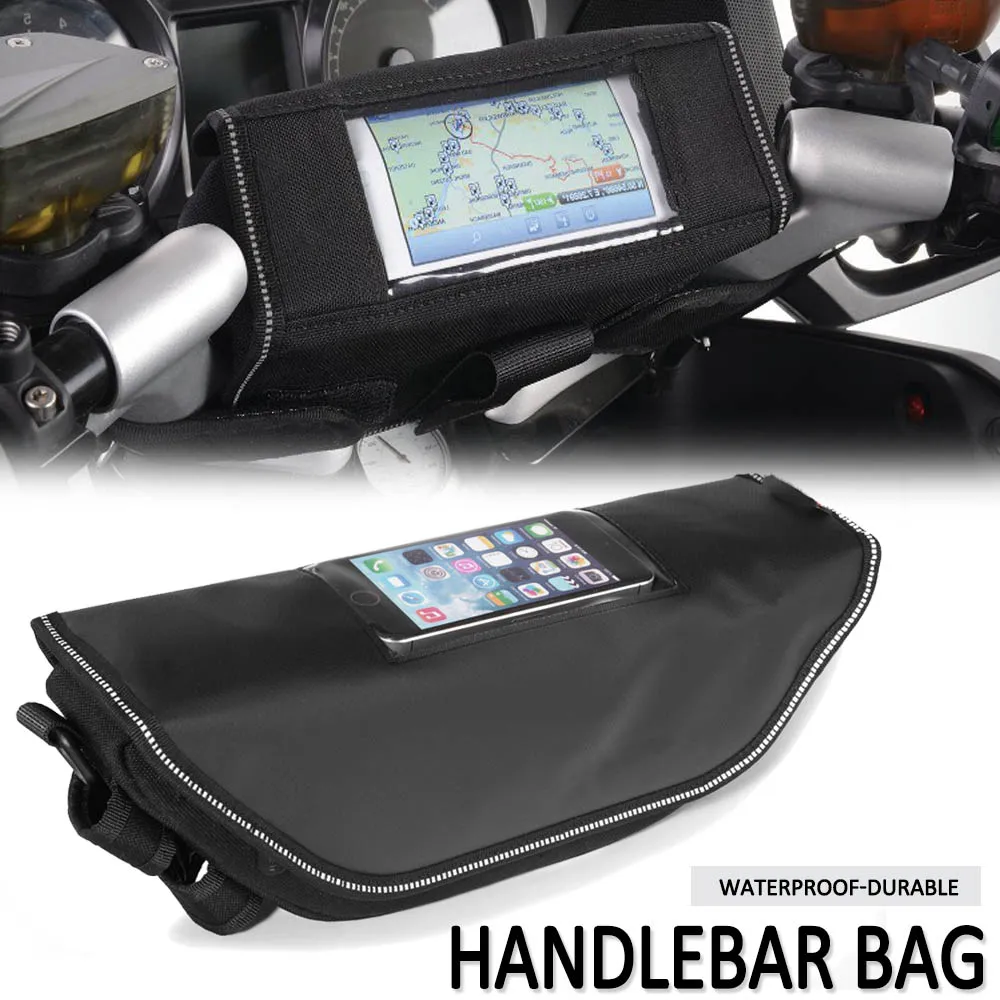 Motorcycle handlebar bag with phone holder clearance