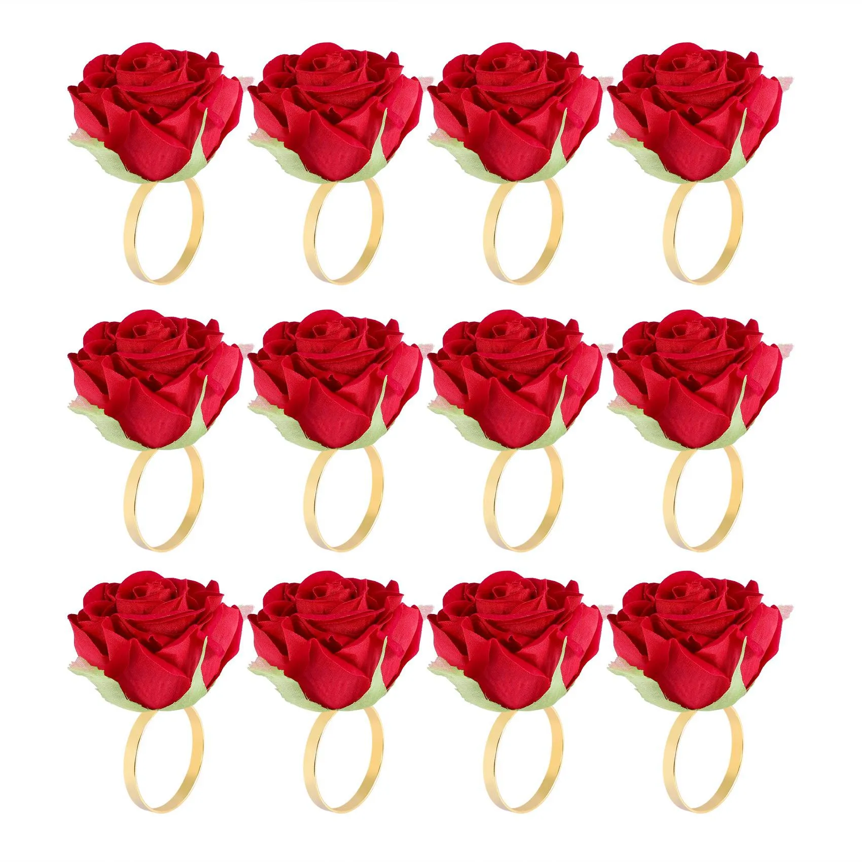 Elegant Red Rose Napkin Rings 12 Pack Gold Metal Table Decor For