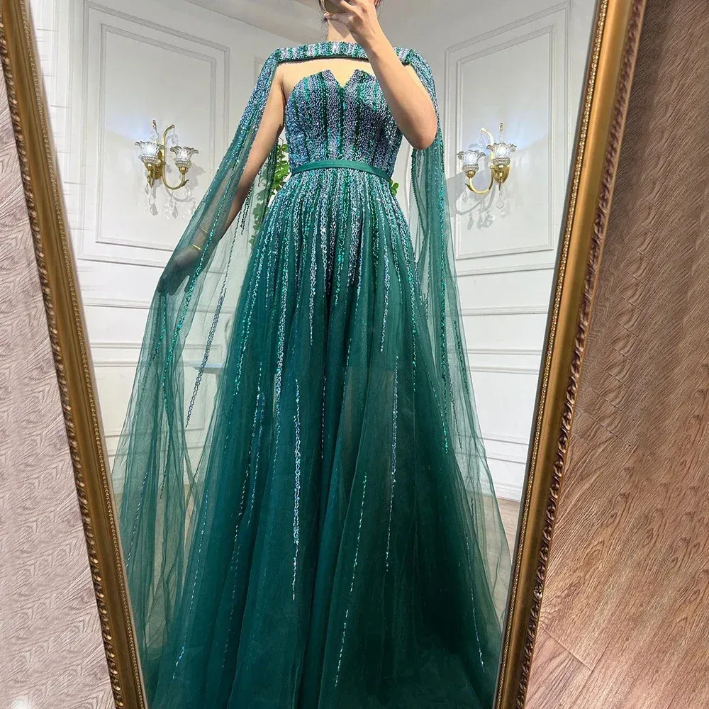 Green Cape Sleeve A-Line Beaded Evening Dress Floor-Length Tulle Polyester  CLA71912 from Dhgate Bridal Veils - price 354.75