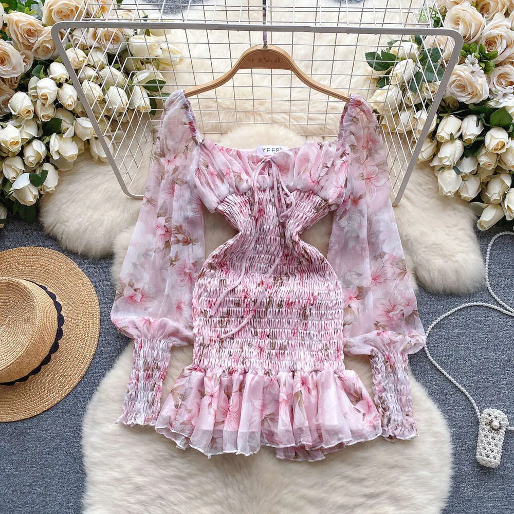 atmosphere pink dress French romantic atmosphere pink floral dress womens summer tie lantern  sleeves square neck design lotus leaf short skirt