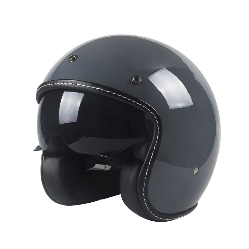 Leather Half Face Motorcycle Helmet With Goggles - DOT Approved