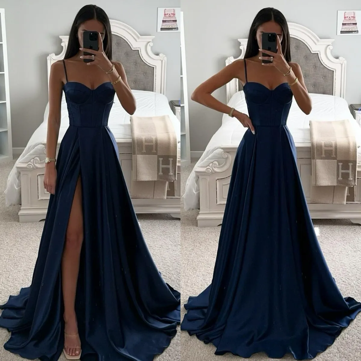 navy blue dress for baby girl A-Line Halter Floor-Length Backless Navy Blue Chiffon Prom Dress US10 / Custom Color main image 0