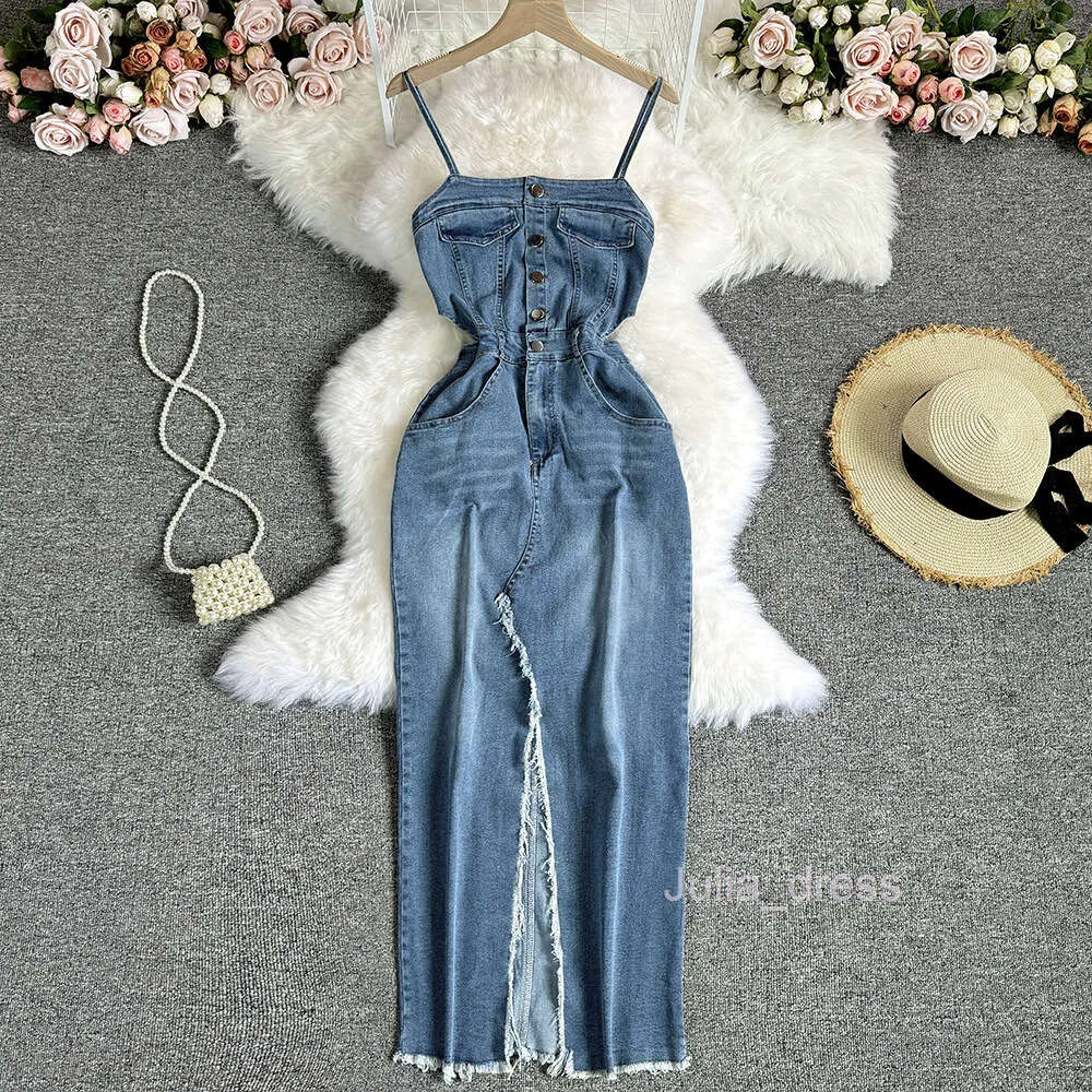 Stylish Korean Summer Denim Sling dress with Open Hip and Closed Waist - Mid Length