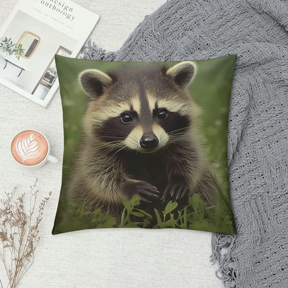 Raccoon Throw Pillow Cover Green Grass Muzzle Animal Walk Sofa