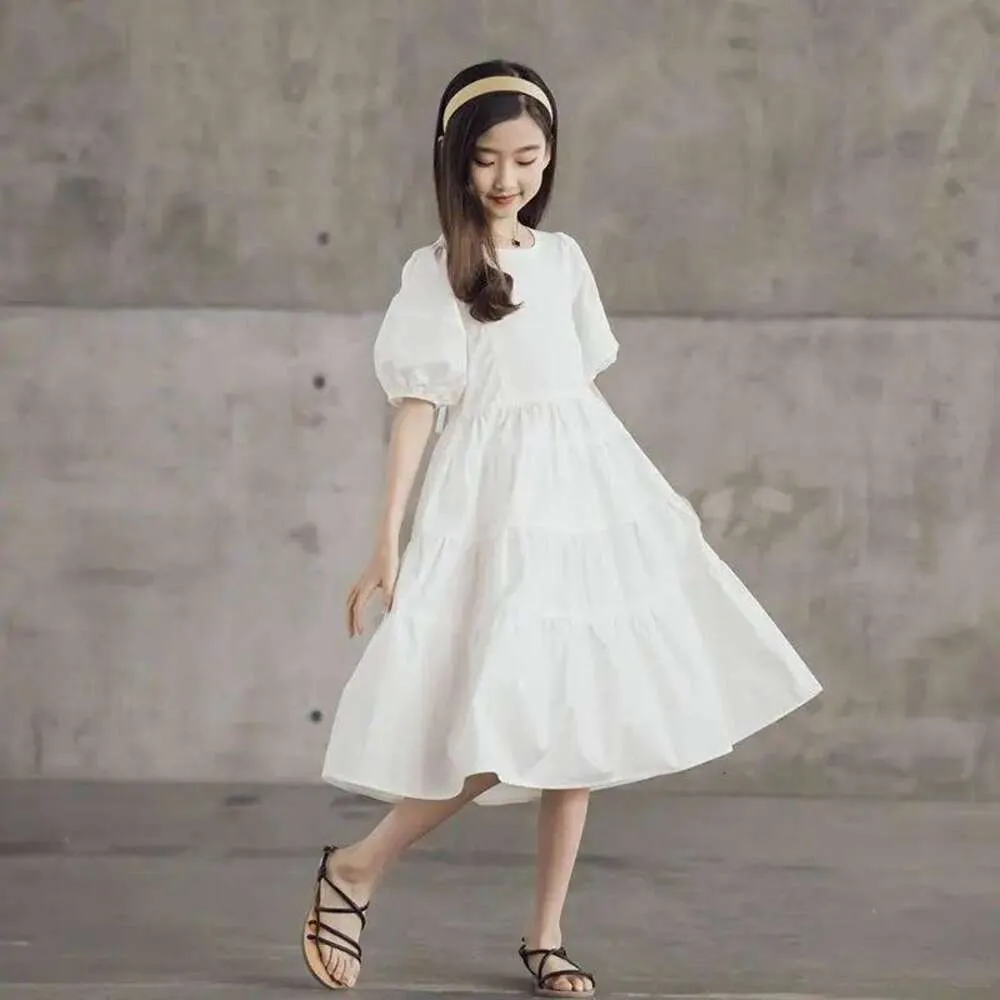 Girls Summer White Cotton Crepe Knee-Length A-Line Dress with Puff Sleeves  and Ruffles for Ages 8-12 from Dhgate Girl's Dresses - price 51.3