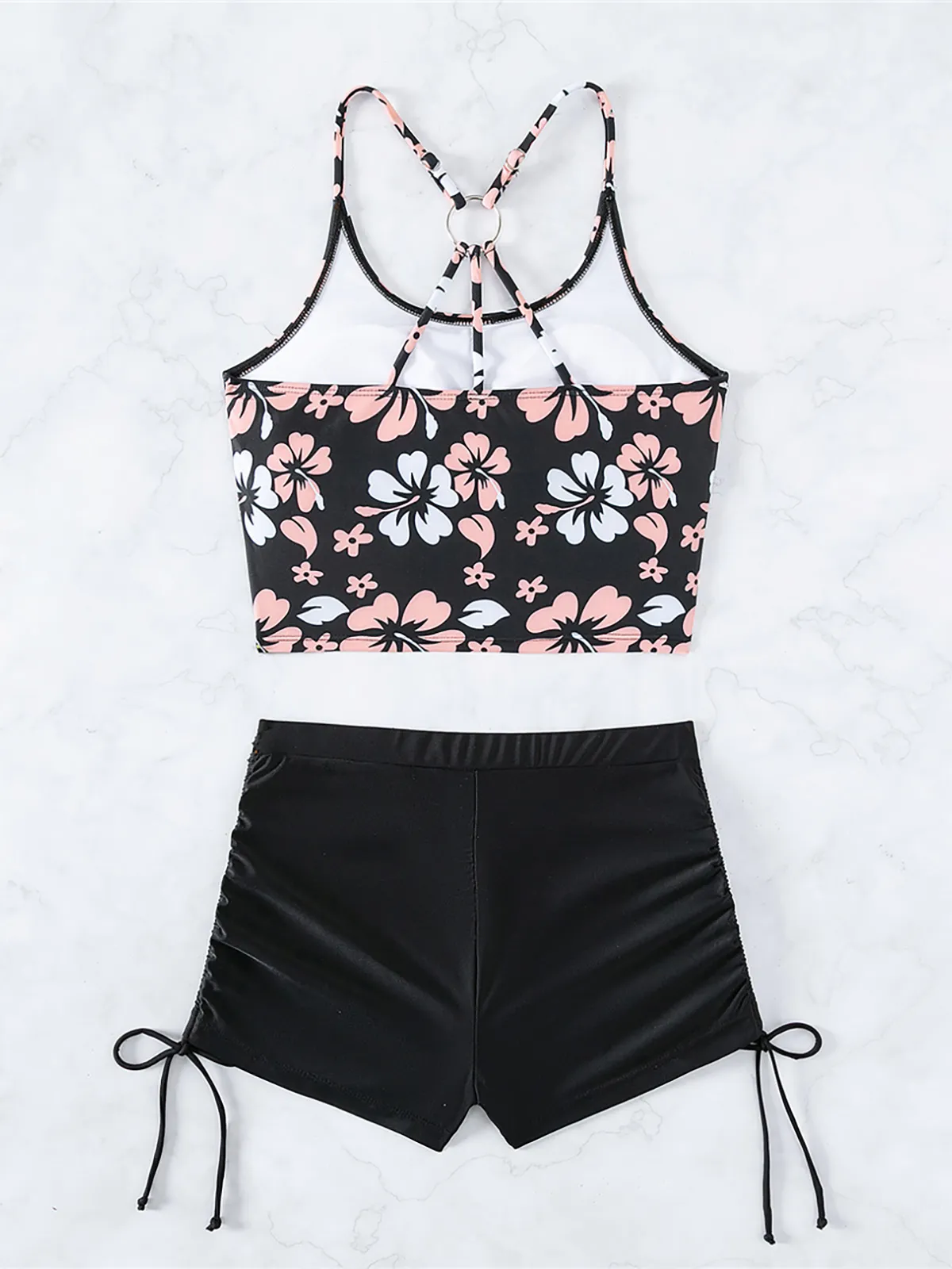 Ladies 2 Piece Halter Push Up Swimsuit Backless Boyleg High Waisted Floral Print Bathing Suit With Shorts Set