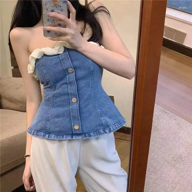 2024 Ropa Mujer Fashion Summer Camis Casual Corean Y2K Cowboy Ruffles Sweet Sexy Sexy Denim Tops 2 057 DHgate