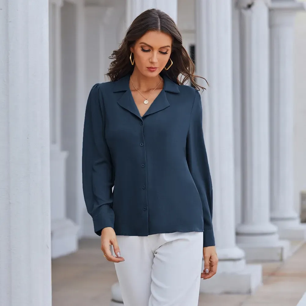 Women's 2023 Long Sleeve V-Neck Tunic Blouse - Loose Fit Button Top, Fall Casual & Dressy Shirt