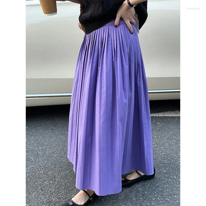 Skirts Women Purple Pleated Long Cotton High Quality Elegant Simple Elastic Waist White Ankle length Skirt 8Z