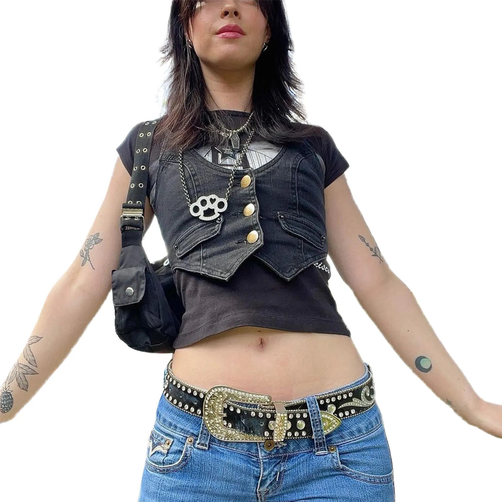Y2K Tuxedo Denim Vest for Women, Vintage Steampunk Racerback