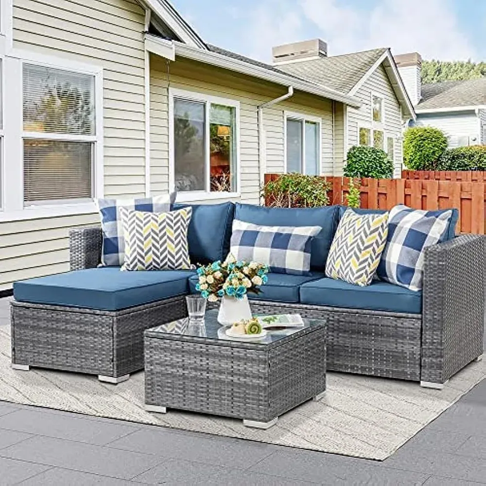 DHgate 3 Piece Outdoor Rattan Sectional Sofa Set Silver Wicker Patio Furniture Home Garden