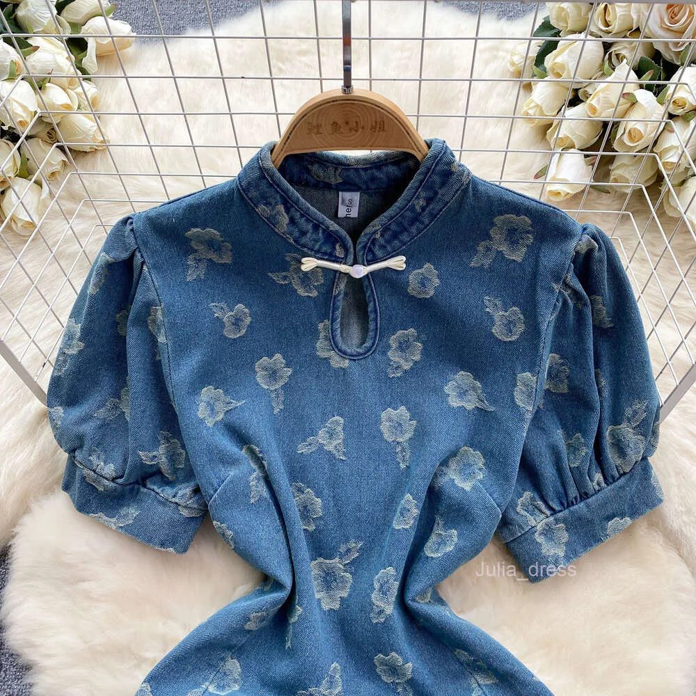 chinese denim dress Quincy Sleeved Denim Qipao Midi Dress