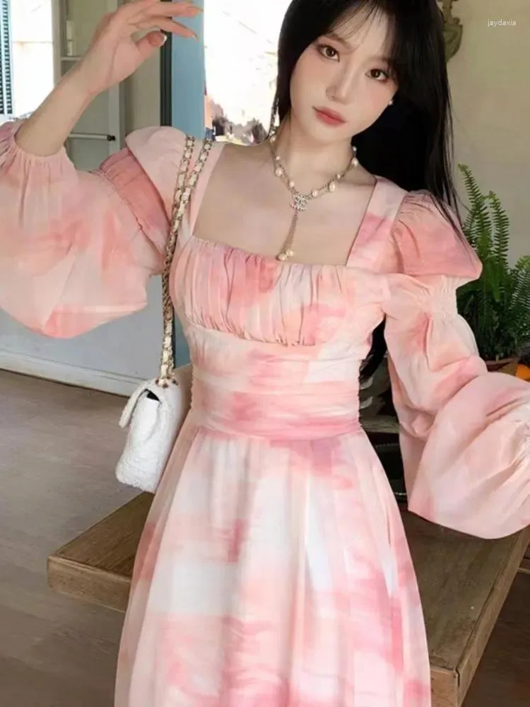 Casual Pink Tie-Dye Fairy Dress with Square Collar and Empire Waist,  Ankle-Length Polyester Dress for Winter from Dhgate Basic & Casual Dresses  - price 39.23