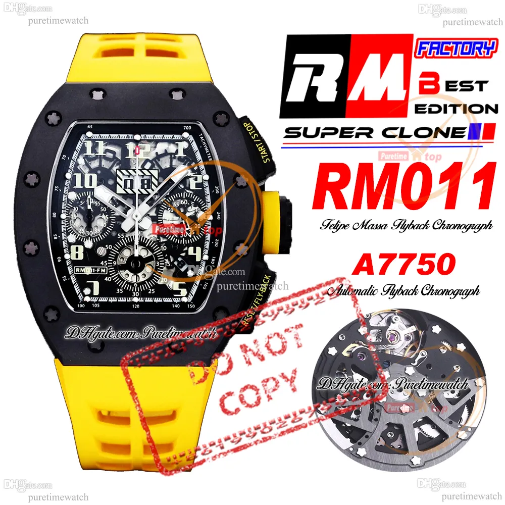 Felipe Massa 011 Automatic Flyback ETA A7750 Chronograph Mens Watch RMF  Black Ceramics Case Skeleton Dial Yellow Rubber Strap Super Edition  Puretime