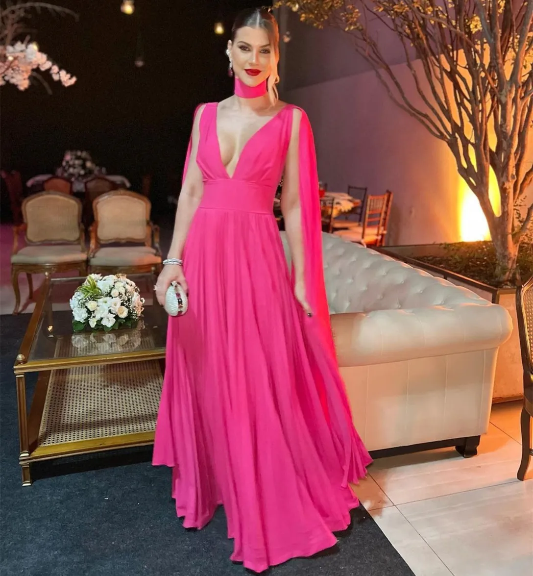 Long V-Neck A-Line Evening Dress with Cape Pleats Floor-Length Backless  Chiffon Prom Gown with Built-in Bra from Dhgate Evening Dresses - price  97.55