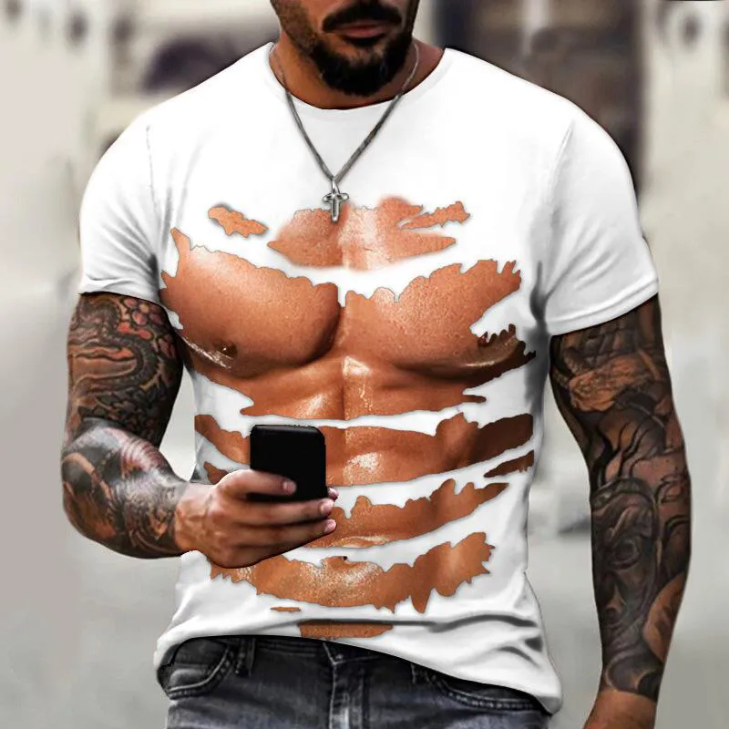 Men's Summer Polyester Fake Muscle 3D Print T-Shirt Short Sleeve O
