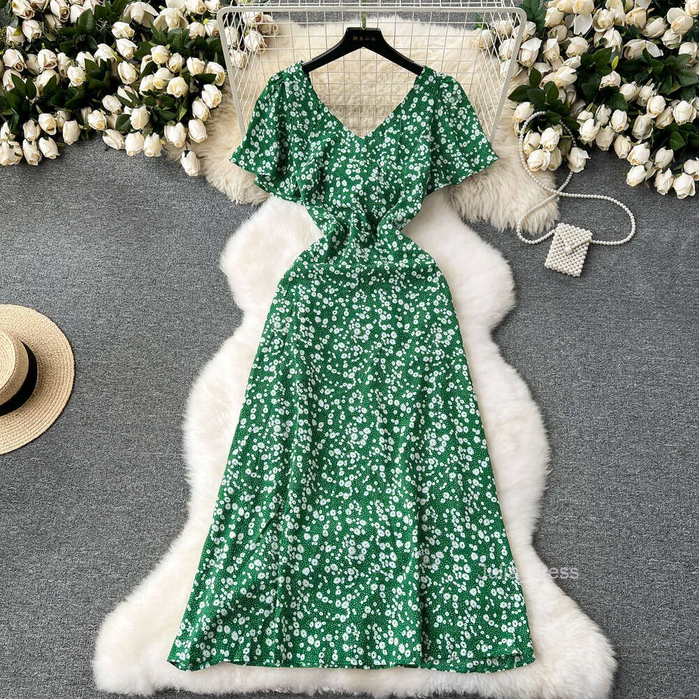 2024 Summer Sexy Backless Tea Break French Floral Midi Dress for Women - Slim Fit Floral Holiday Gown with Strap