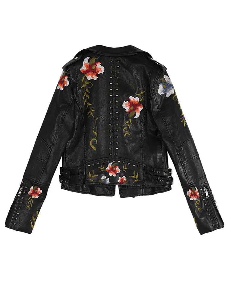 Women Floral Print Embroidery Faux Leather Jacket Coat Turn-down