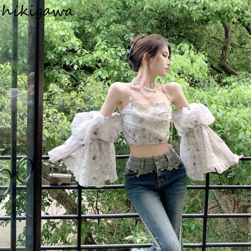 DHgate 2024 Elegant Korean Summer shirt for Women Slash Neck Flare Sleeve Tunic Crop Tops Sweet Print Stylish Blusas Mujer De Moda Baby Kids Maternity