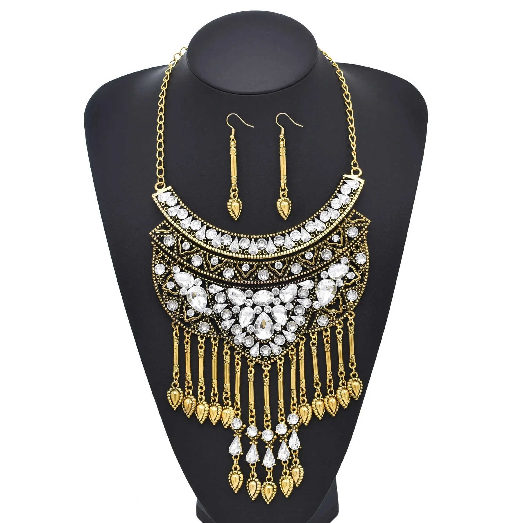 Mycitta Vintage Chunky Statement Jewelry Set - Floral Leaf Bohemian Bib Necklace & Earrings, Resin & Cubic Zirconia For Women