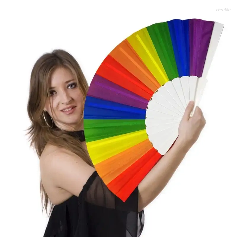 Temogole 1 Pack Large Pride Rainbow Fans Hand Fan Gay Fan Pride Month Festival Big Folding Fans Comrade LGBTQ Decorations Summer Rave Hand Fans For Women Men, White