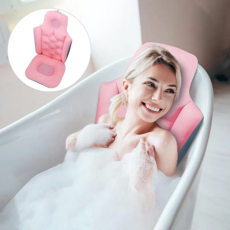 Bath Pillow for Adults Full Body Bath Cushion with Neck Support Quick drying Foldable Hanging Hole for Relaxation Pink