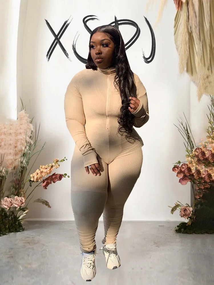 DHgate Ribbed Jumpsuit Womens Winter Long Sleeve Zipper Up Slim Fit Plus Size Jumpsuit Apparel