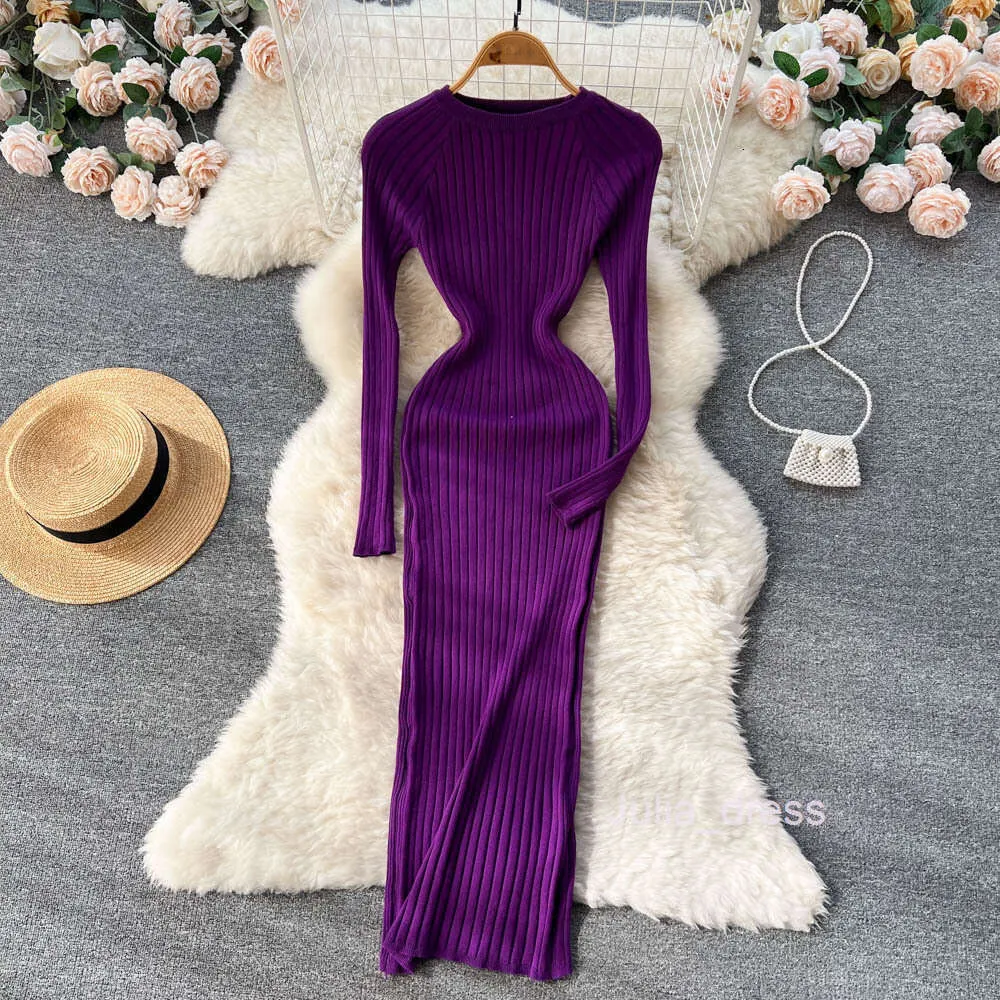 Women's Slim Fit Long Sleeve Round Neck ribbed midi dress with Waist Tight Wrap and Hip Skirt - Autumn/Winter Style (250326W)