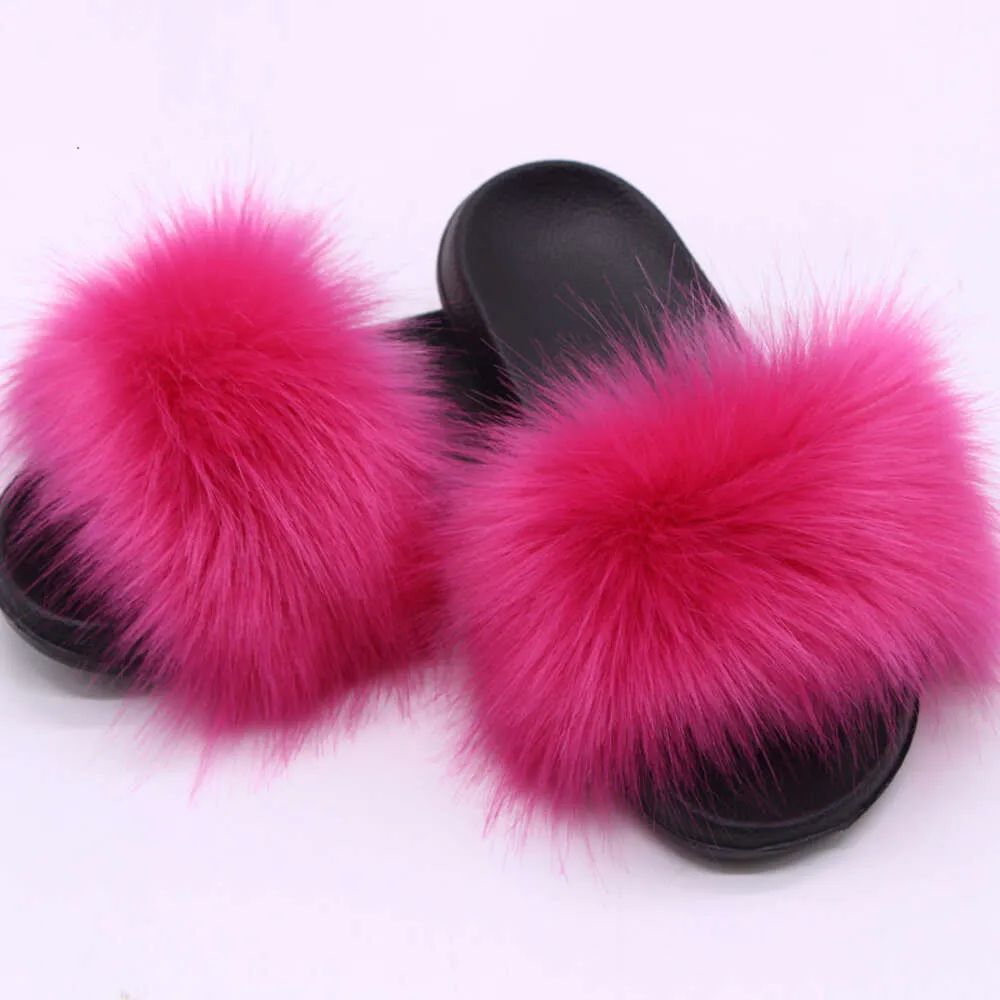 Ladies Slippers Pink Fox Slippers Faux Fox Fur Summer Sandals For