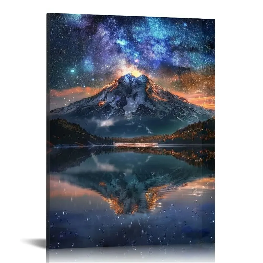 Starry Sky and Mountain Wall Art Print Canvas, 24 × 36 in Framed ...