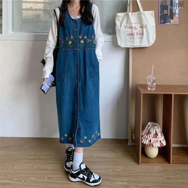 Womens Casual Denim Dress Japanese Embroidery