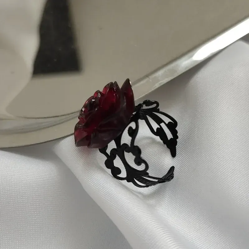 Gothic Vintage Dark Red Rose Opening Rings: Crystal Flower Wide Finger ...