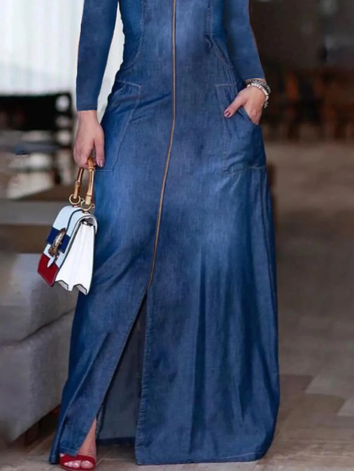 white christmas dresses CHELSEA BUTTON SIDE DENIM MAXI DRESS – AKIRA main image 0