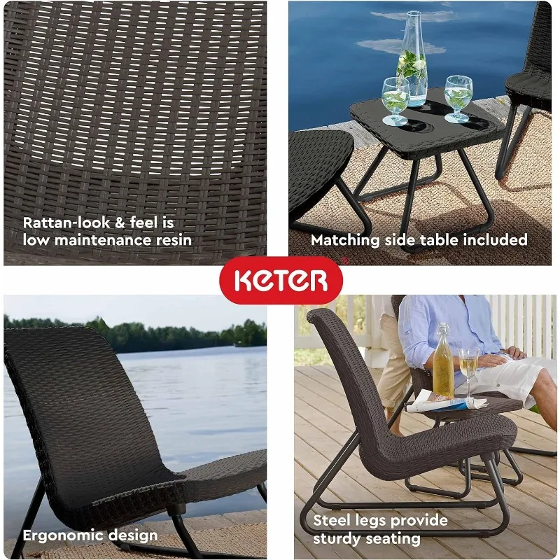 Keter Rio Resin Wicker Patio Furniture Set Out With Side Table And ...