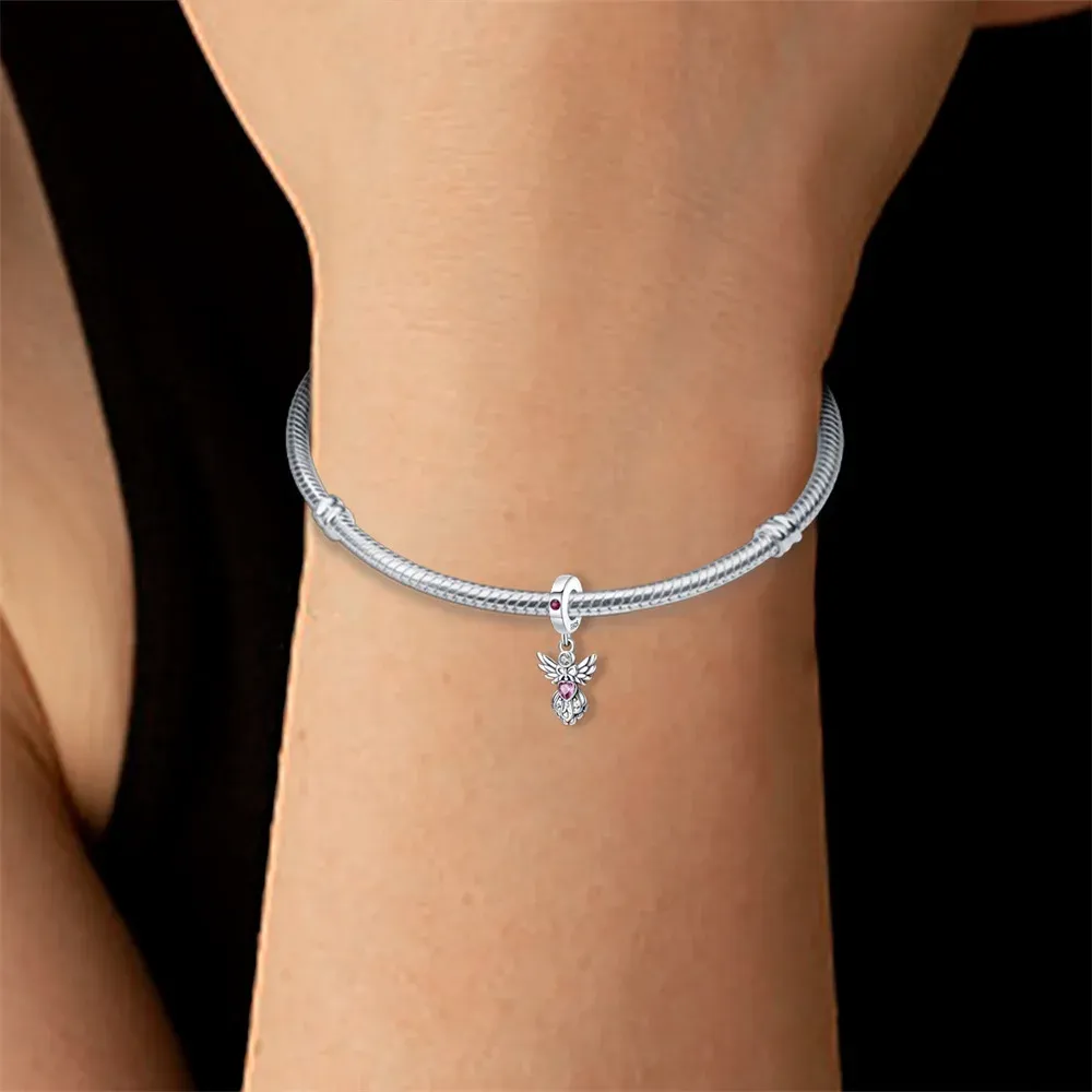 Sterling Silver Pink Love Bow Angel Charm for Pandora Bracelet Women s Jewelry Gift