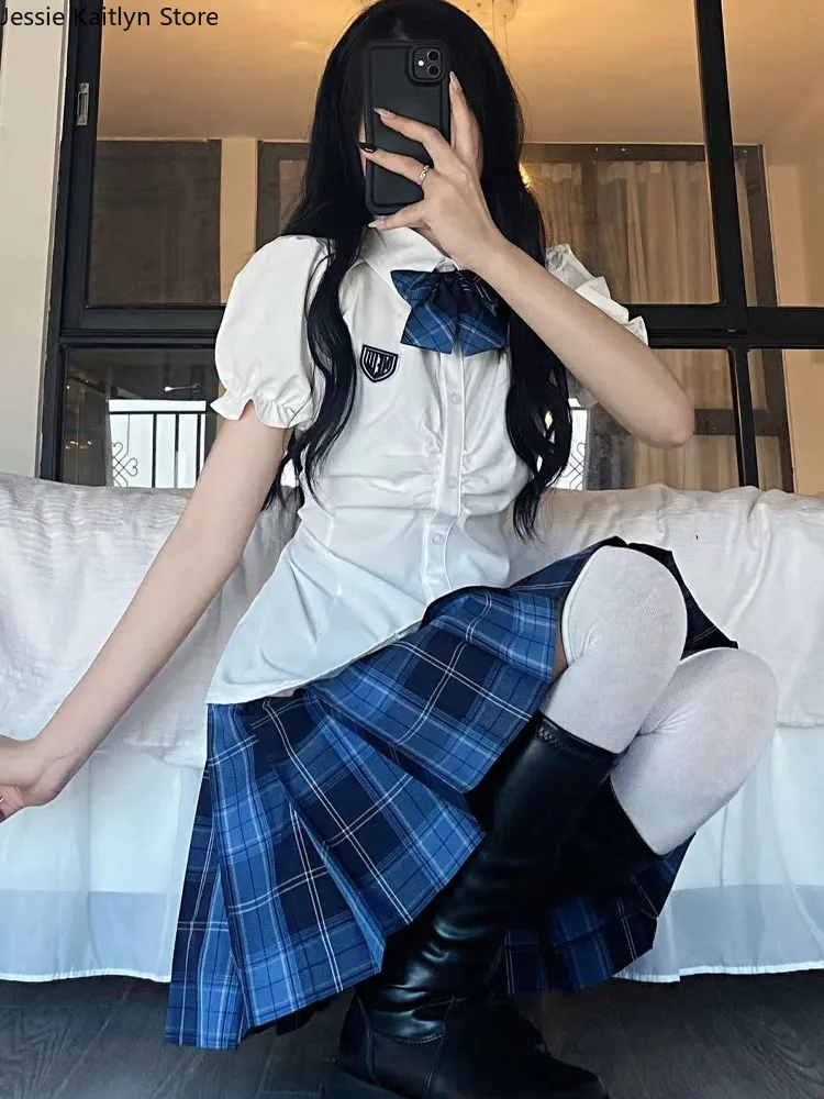 Kawaii Japanese Anime Cosplay School Uniform White Shirt Plaid Skirt Set