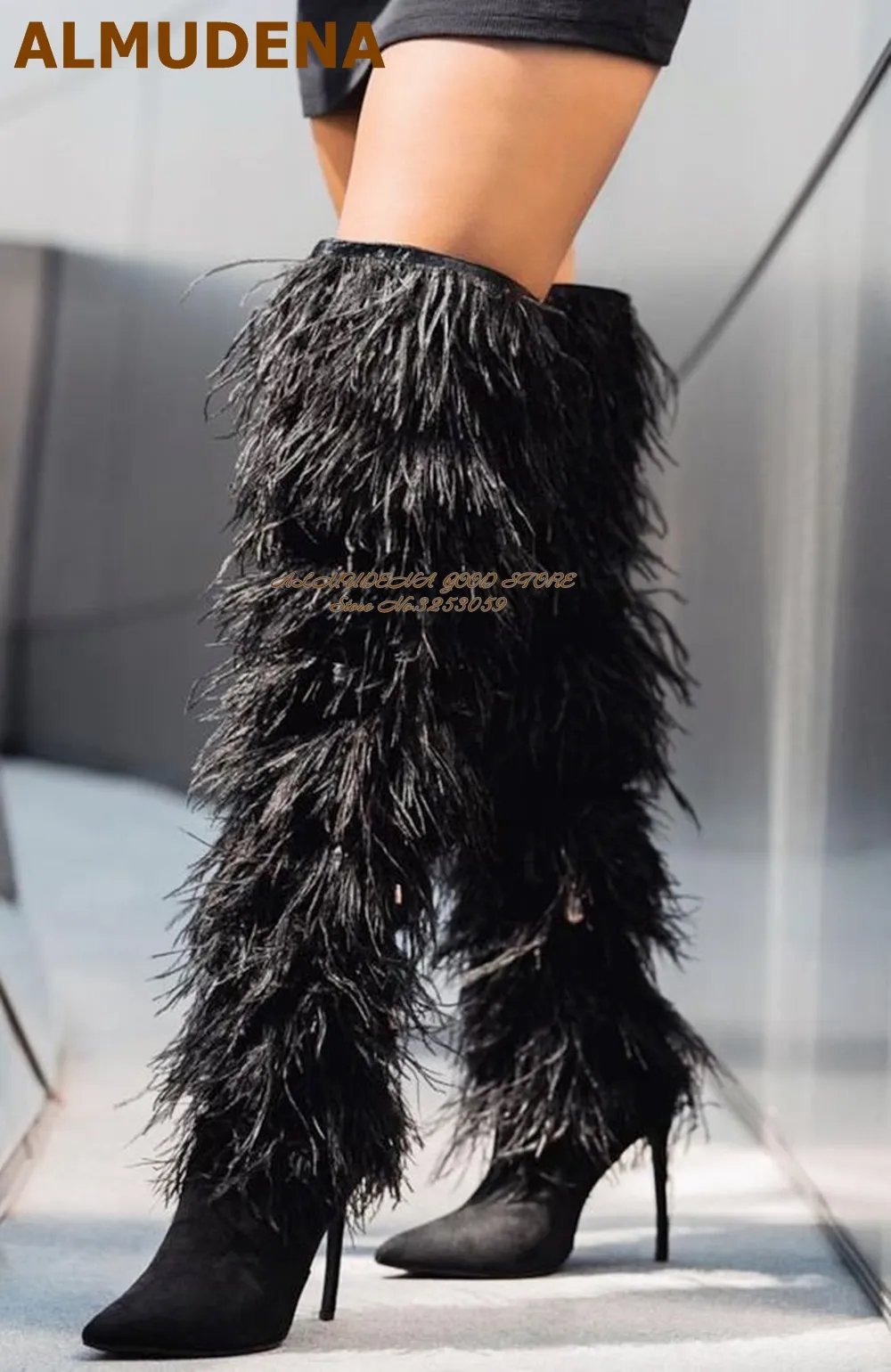 Feather thigh high boots sales