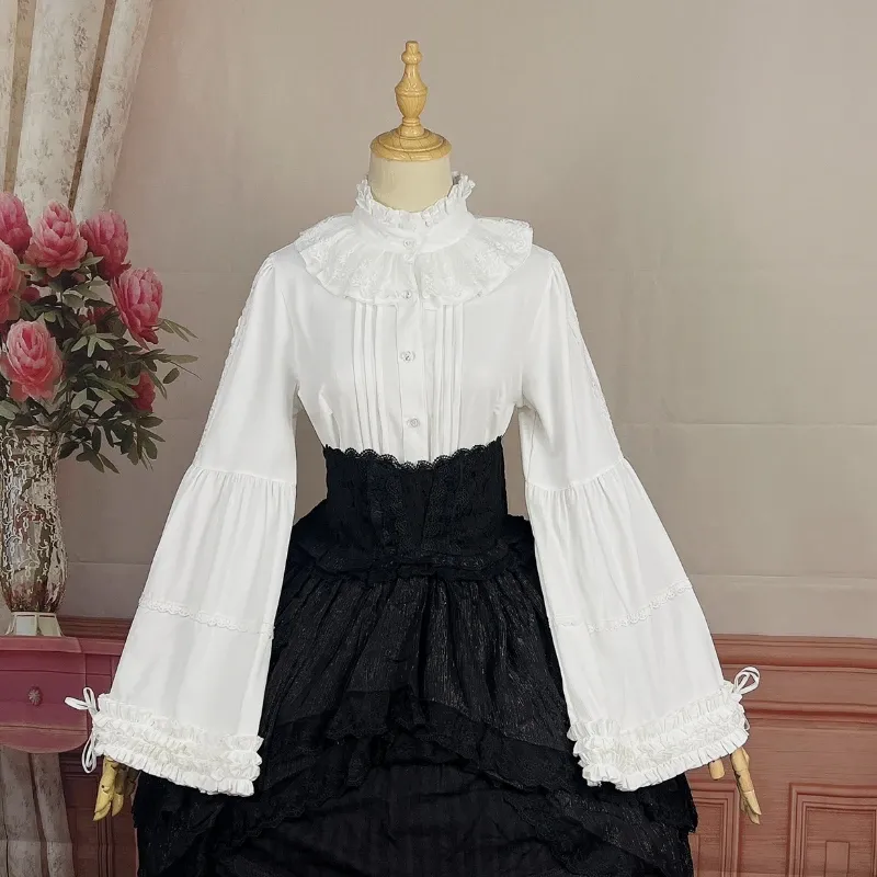 2024Women's Gothic Lolita Style Blouse, Vintage Long Sleeve Ruffle  Turtleneck Top, Kawaii Y2K Slim Shirts, Black and White