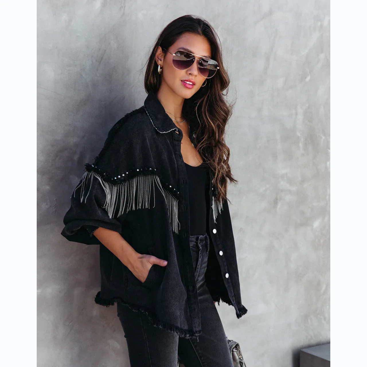 Black tassel denim jacket clearance