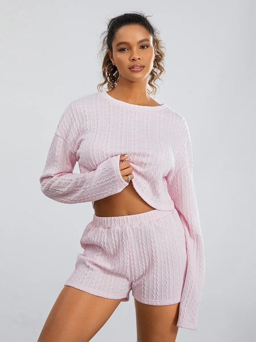Womens Knitted Pajama Set Long Sleeve Top Elastic Shorts, Soft